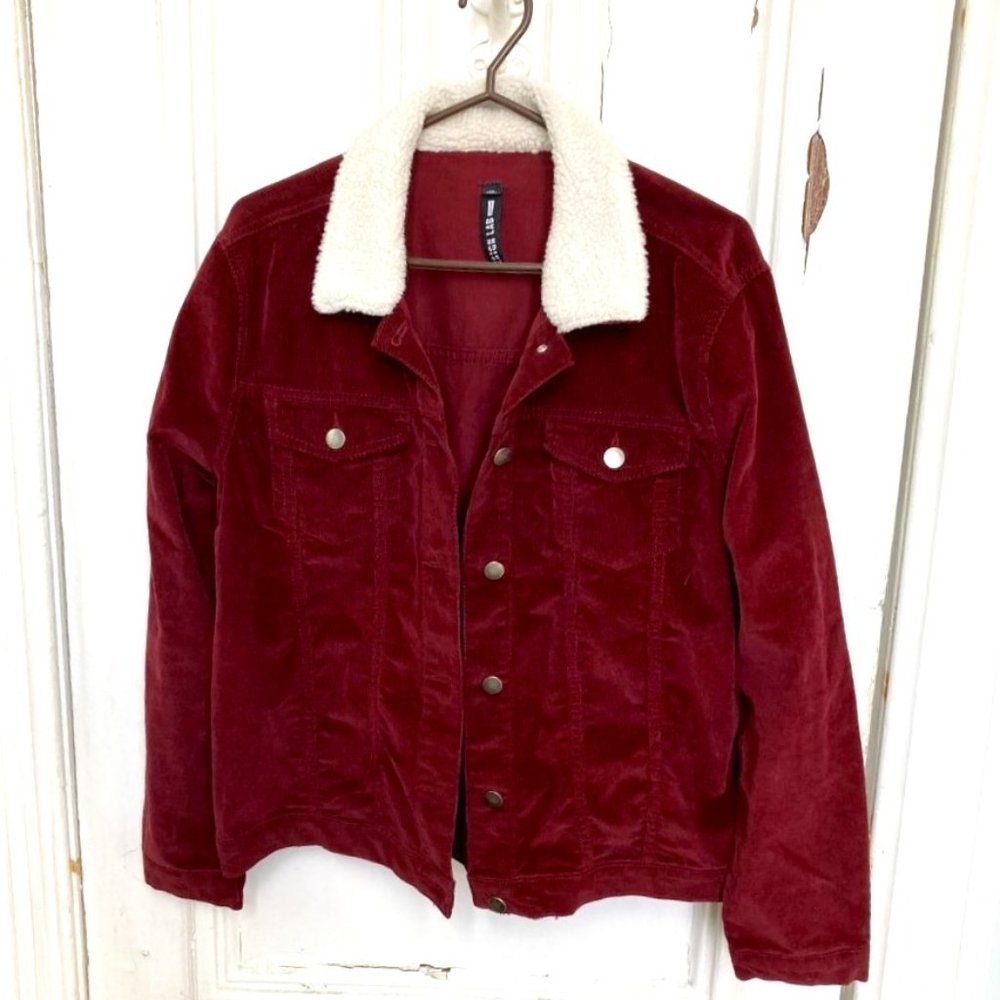 Design Lab burgundy corduroy jacket with sherpa collar